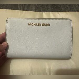 Michael Kors Cream Saffiano Zip Around Wallet with Gold Logo